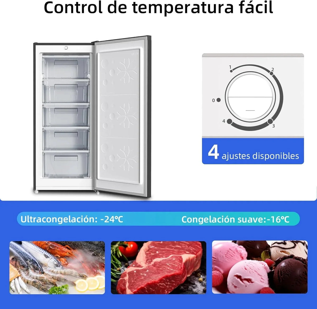 Congelador vertical independiente CHiQ, 145L de capacidad, congelación rápida, termostato ajustable, silencioso, puerta reversible, negro,