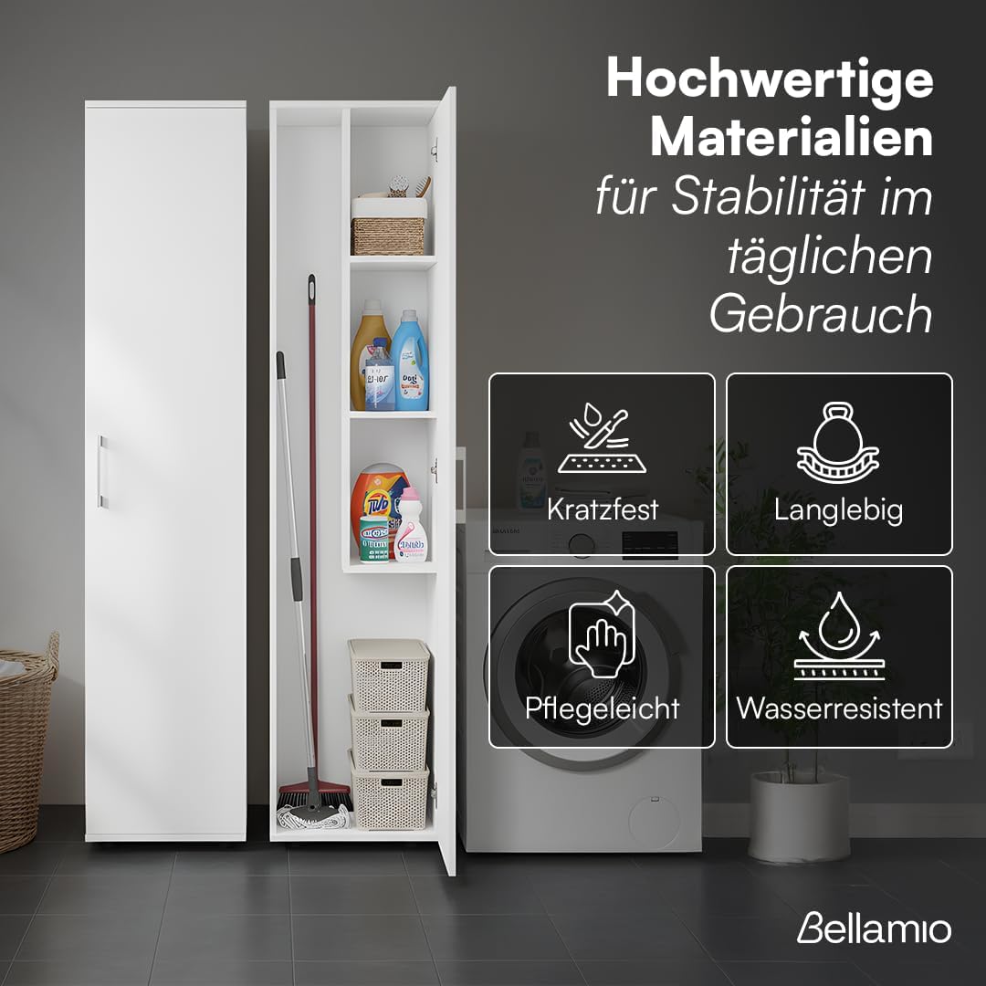 Bellamio Apol Besenschrank - Mehrzweckschrank 40 cm breit Weiß - Vorratsschrank mit Staubsaugerfach - Putzschrank aus Holz - Flurschrank mit Stauraum