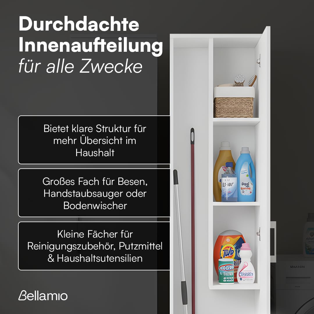 Bellamio Apol Besenschrank - Mehrzweckschrank 40 cm breit Weiß - Vorratsschrank mit Staubsaugerfach - Putzschrank aus Holz - Flurschrank mit Stauraum