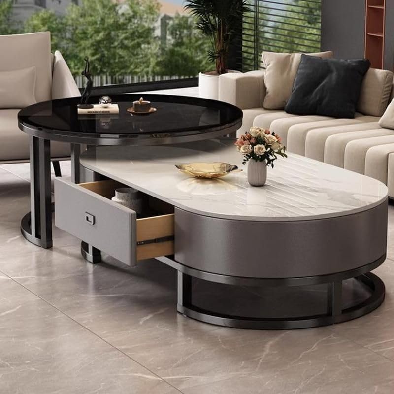 Ovaler Couchtisch aus Stein, 2er-Set, Wohnzimmer-Mitteltisch mit Schublade, Beistelltisch aus Glas, Schwarz/Grau – Grau, (99,9 cm L x 49,9 cm B x 40,6