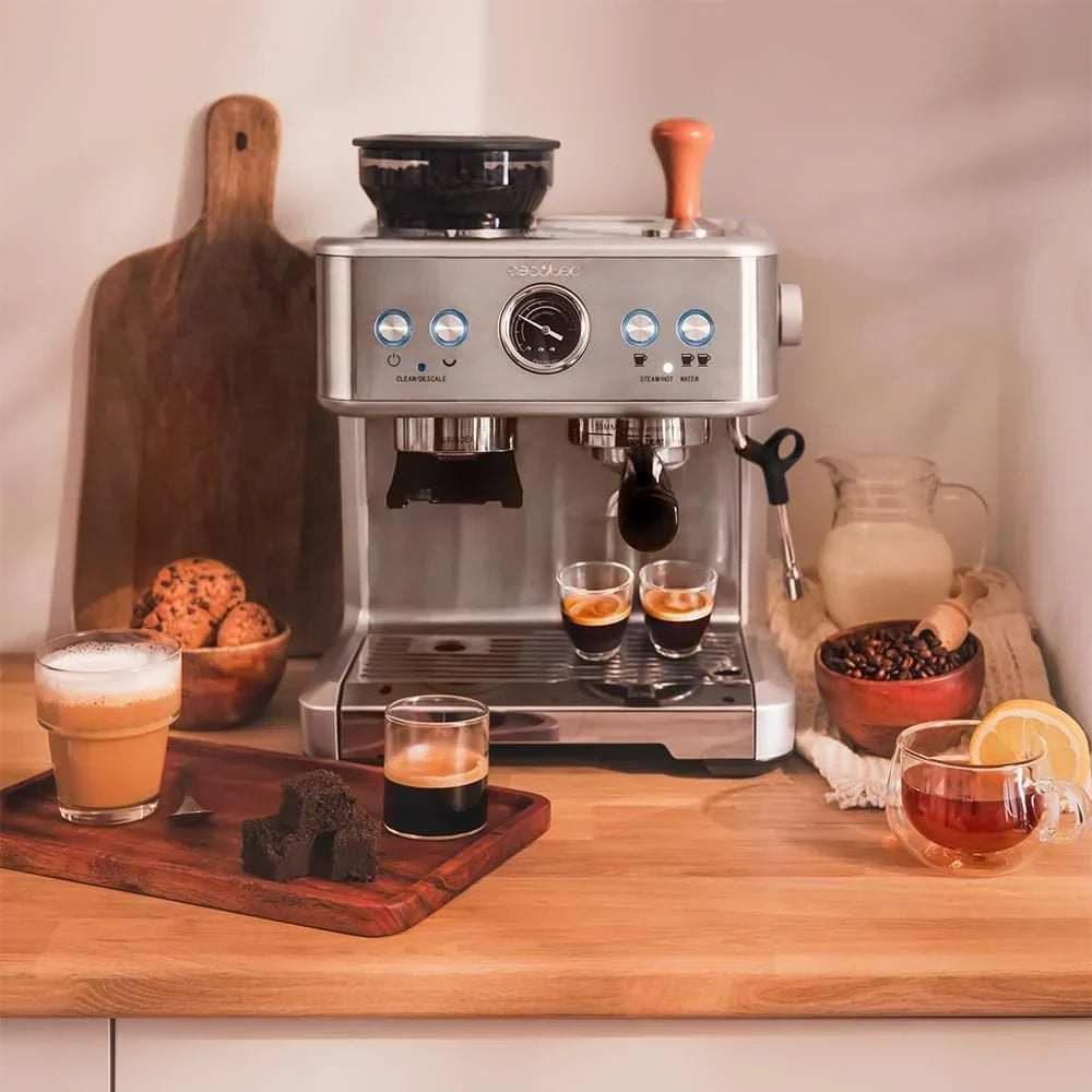 Cecotec Cafetera Express Barista Power Espresso 20 Barista. 2250W, 20 Bares, Manometro y 2 Thermoblocks, Depósito de Café en Grano, Molinillo con 20
