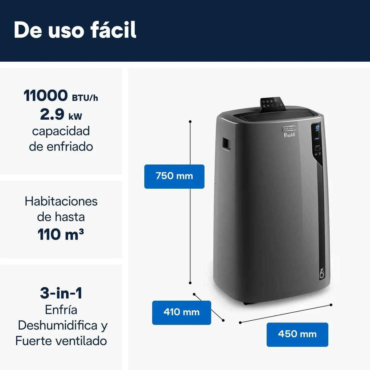Pingüino PACEL112 Silent Aire Acondicionado Portátil Silencioso con Tecnología Eco Real Feel y Cool Surround, Función Deshumidificadora, 2.9 kW, 63 dB