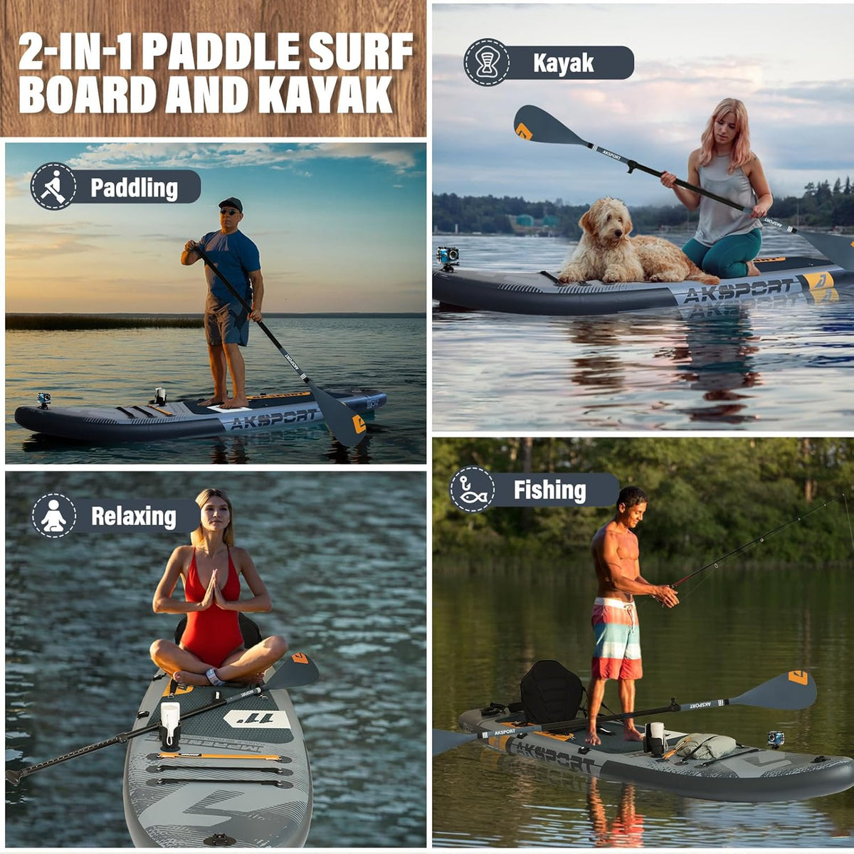 AKSPORT Tabla hinchable de surf de remo, tabla de surf hinchable con todos los accesorios, diseño ancho y estable, tabla antideslizante, tabla de remo