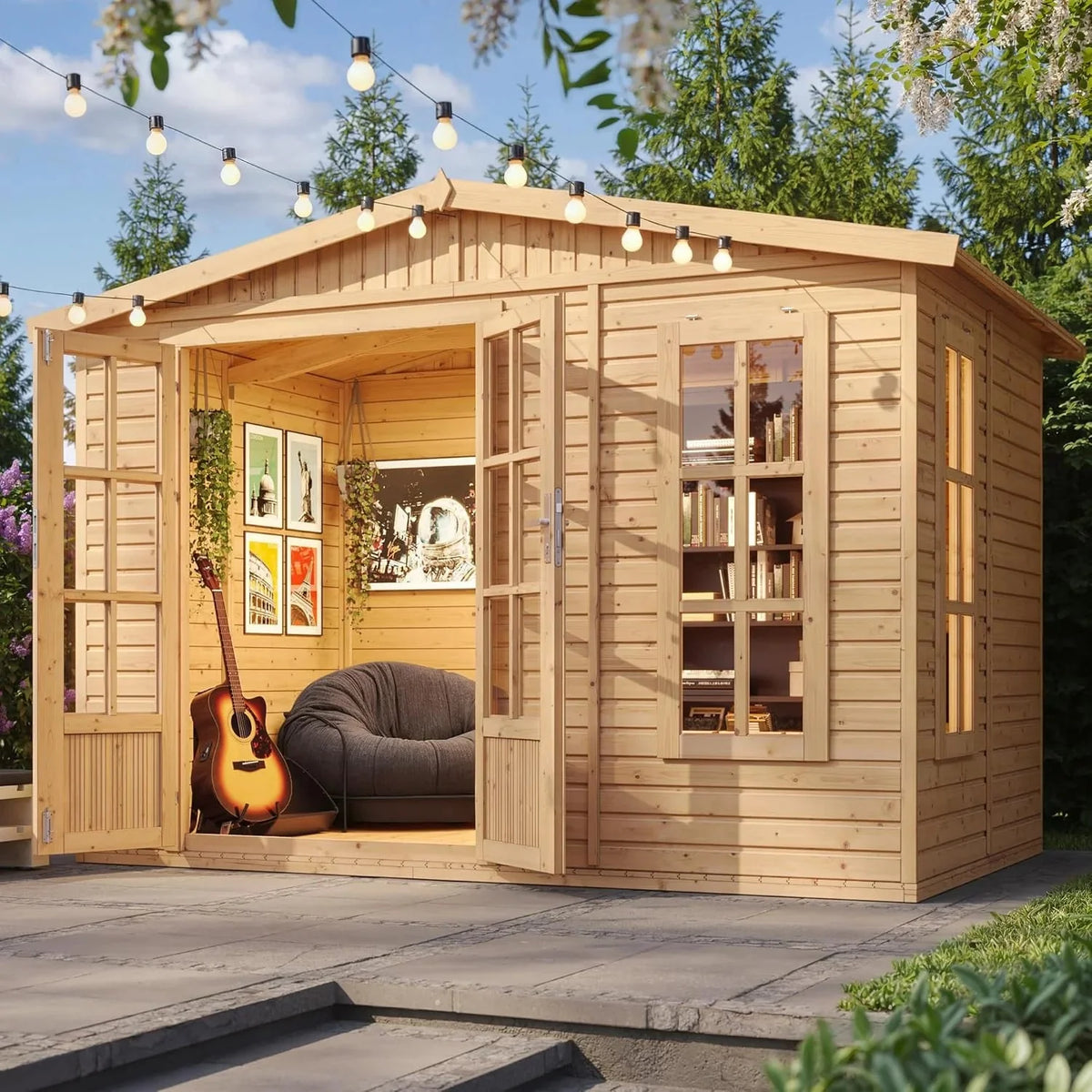 TIMBELA Caseta de jardín de Madera de 6 m2 - Cobertizo Jardin Exterior con Suelo, Ventana, Puerta Doble - Cabaña de jardín para Trabajar en casa - con