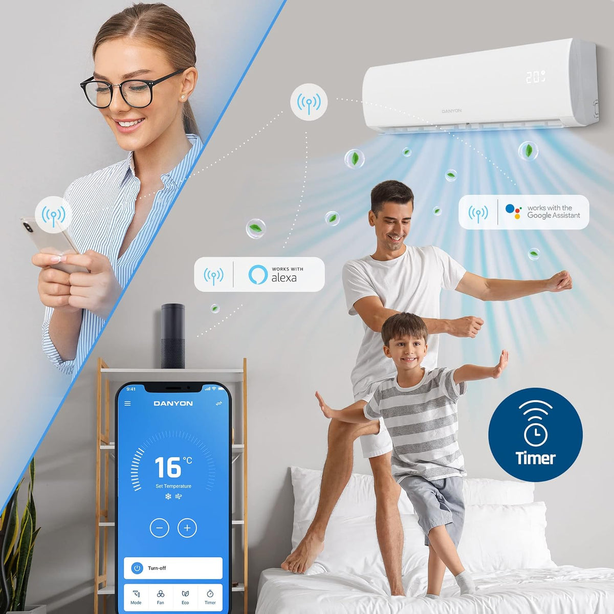 Danyon Klimaanlage Split - 12000 BTU - 3,4 kW, Selbstreinigung, leise, Smart Home, Inverter Klimagerät mit Heizfunktion, Splitgerät vorgefüllt mit R32