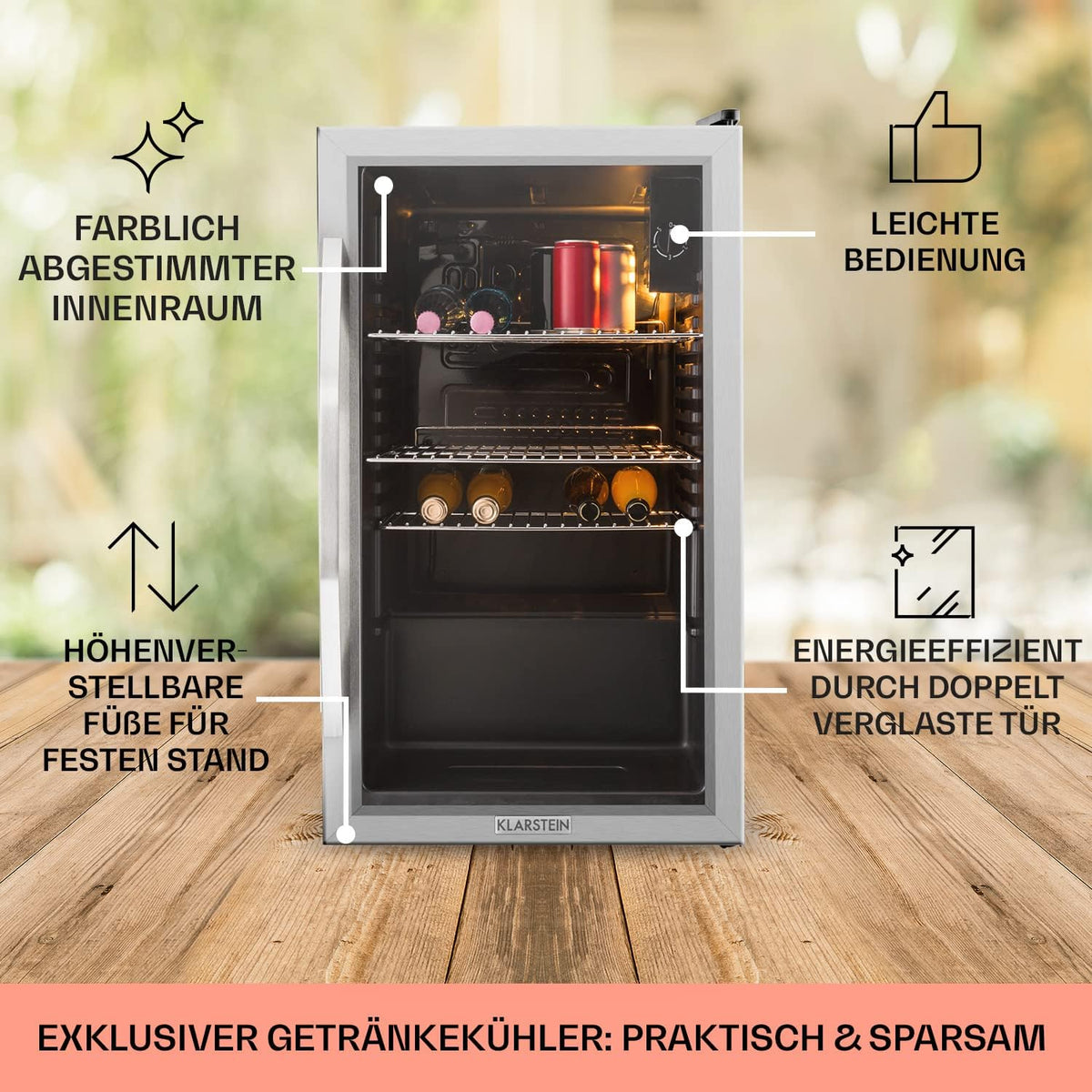Klarstein Mini Kühlschrank mit Glastür, Mini, für Zimmer, Getränkekühlschrank Klein mit Verstellbaren Ablagen, 80 Liter, Indoor/Outdoor Kühlschrank