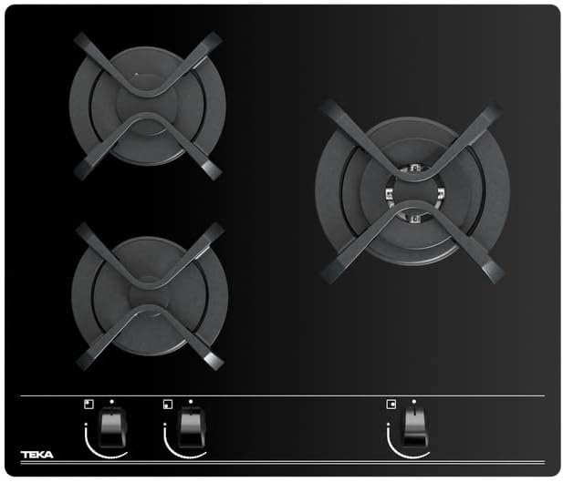TEKA Placa de Gas Natural 60 cm, 3 Fuegos, Cristal Templado, Mandos Frontales Ergonómicos, Quemador Doble Anillo, Seguridad Termopar, Autoencendido,