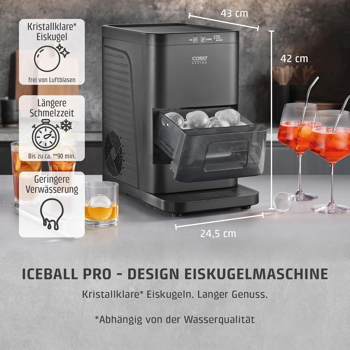 CASO IceBall Pro Eiskugelbereiter mit Kompressor - Kristallklare Eiskugeln 50-55 mm, 2 Kugeln/Stunde, 1,3 l Wassertank, Selbstreinigung, LED-Anzeige,