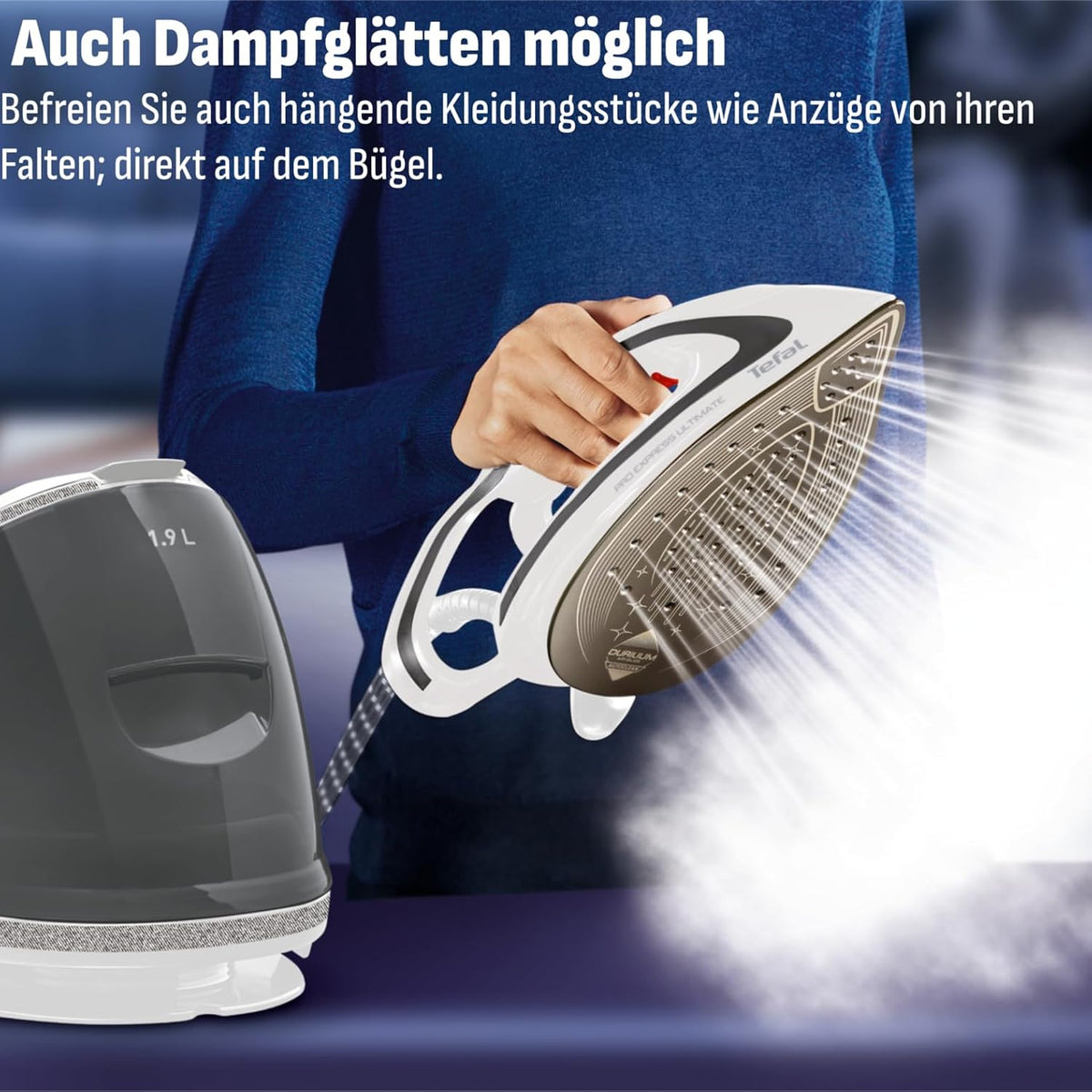 Tefal Dampfbügelstation Pro Express Ultimate, 7,7 Bar, 155 g/Min. Kontinuierlicher Dampf, 500 g/Min. Extra-Dampfstoß, 2600 Watt, Kalk-Kollektor,