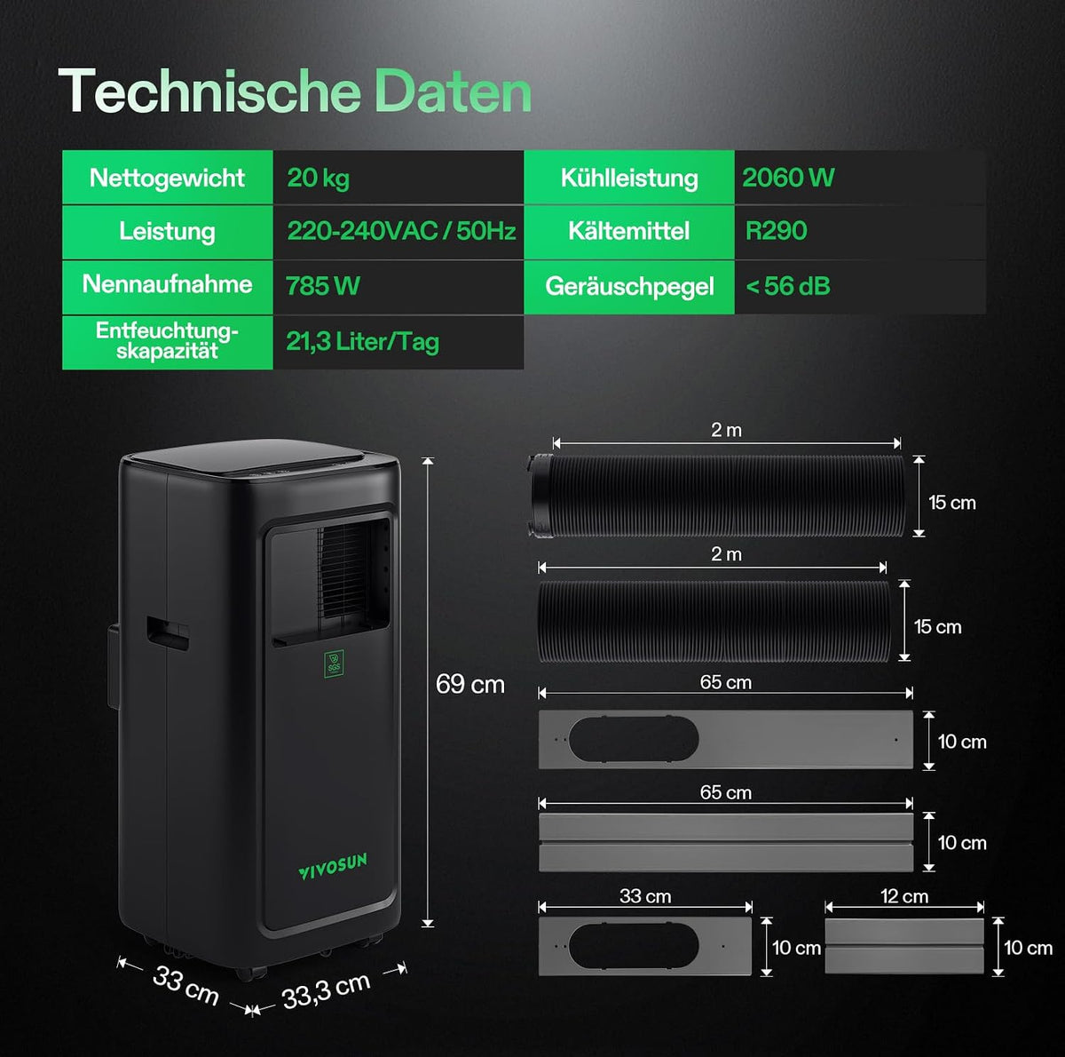 VIVOSUN Smart Klimaanlage, 7000 BTU, 4-in-1 Funktion mit Temperatur- & Feuchtigkeitssensor, Intelligente Fernbedienung, Ideal für Growzelte und