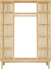 View [en.casa] Armario para Ropa con 2 Puertas Deslizantes Clóset con 12 Estantes y 1 Barra de Colgar Perchero de Bambú 185 x 140 x 45 cm Natural image 5