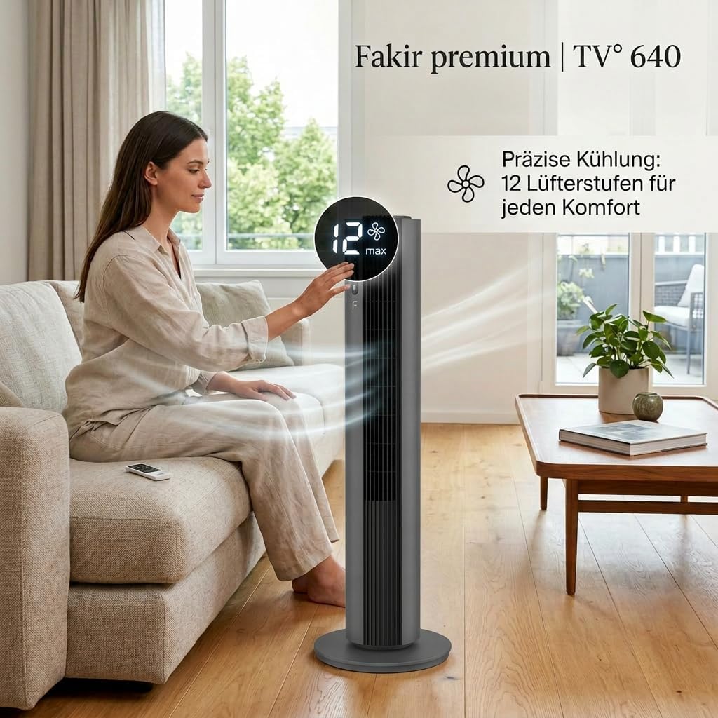 Fakir premium TV° 640 Turmventilator - Leiser Lüfter mit 32dB(A), DC-Motor, 12 Stufen, 12h Timer, LED-Display, Fernbedienung & 90° Oszillation,