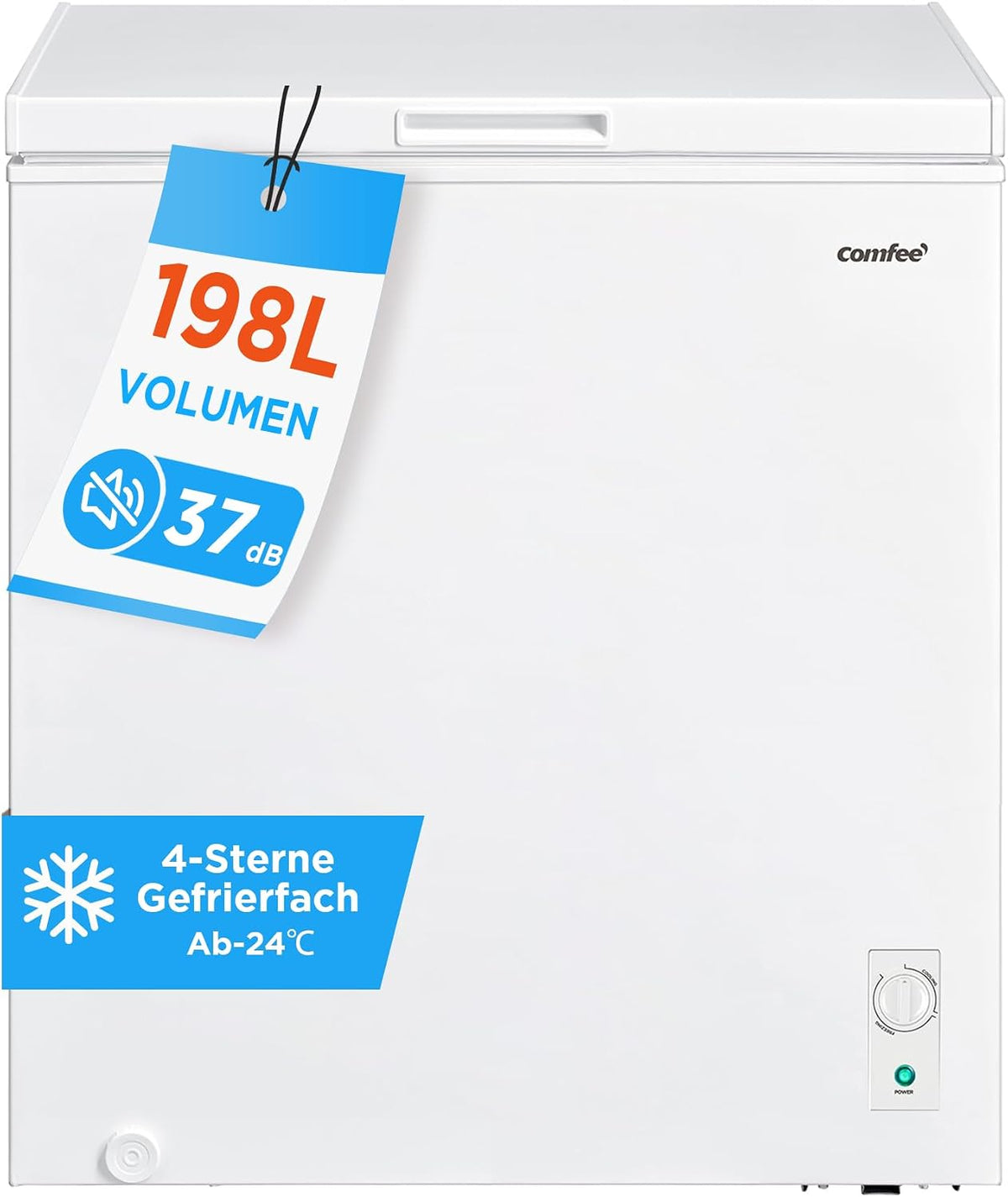 Comfee 198L Gefriertruhe, leise 37 dB, 4-Sterne-Gefrieren, Kühl-/Gefrier-Konvertierung (1–10°C / -24––12°C), 24‐h‐Schnellgefrierung 9kg,