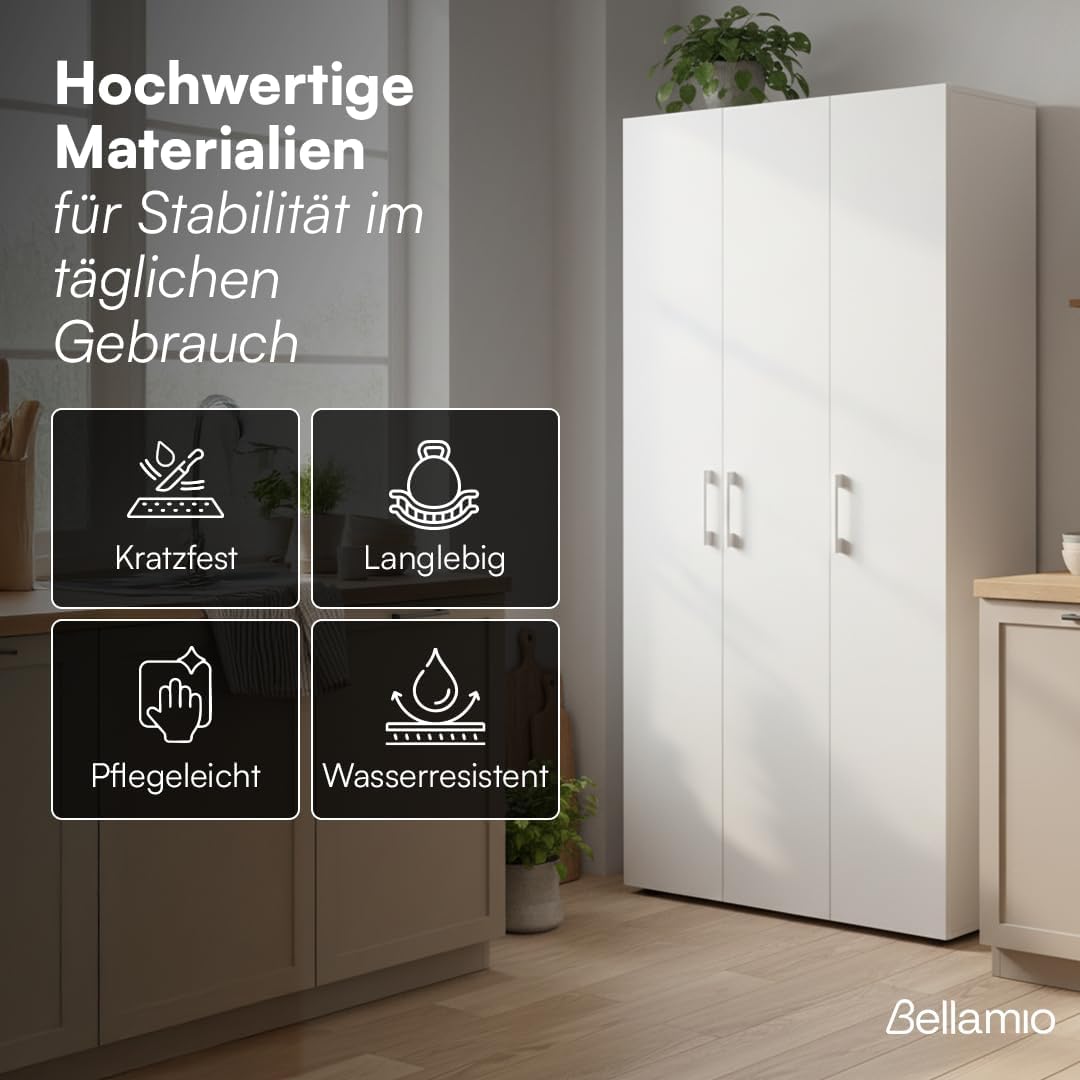 Bellamio Apol Mehrzweckschrank Weiß – Besenschrank 90 cm breit mit Stauraum – Putzschrank mit Staubsaugerfach – Vorratsschrank Küche - Aktenschrank