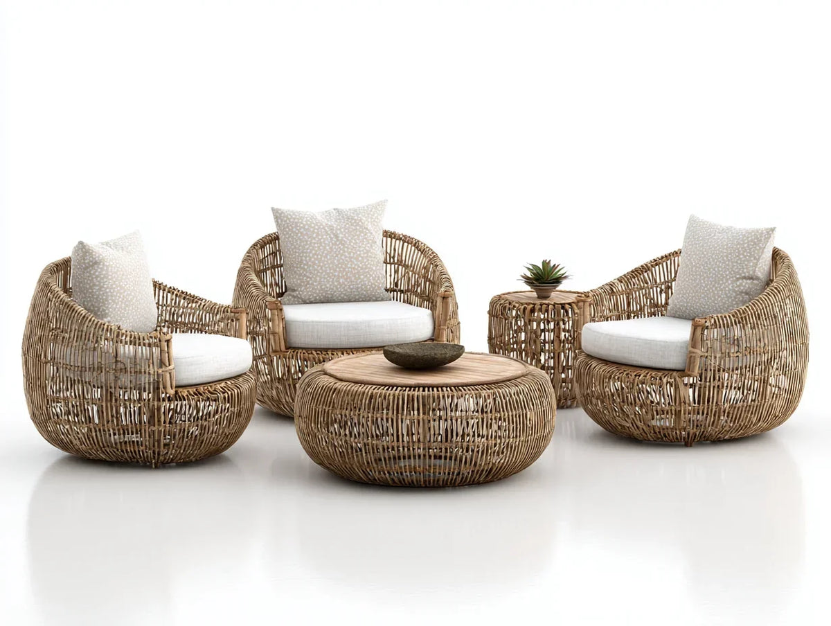 Sofás de jardín ratán natural con cojines beige y mesa redonda 180x80x75 cm - diseño moderno para exterior