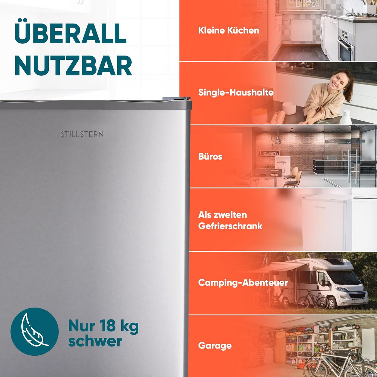 Stillstern Mini Gefrierschrank (42L) -18°C, Eiswürfelschale, Schloss, Türanschlag wechselbar, 4-Sterne Tiefkühlschrank für Camping/Büro Gefriertruhe