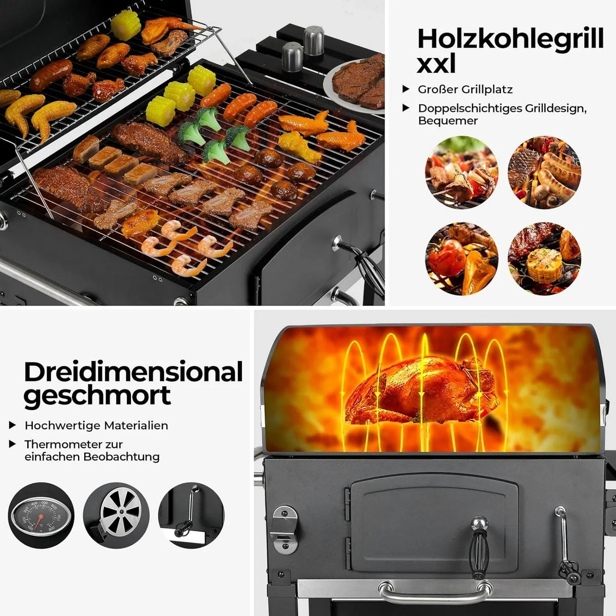 Barbacoa de Carbon XXL, Parrilla de Carbón con Chimenea y Tapa, Parrilla con Carrito BBQ Smoker con Ruedas y Termómetro, Grande BBQ Carbon para