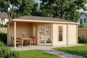 View 5-Eck Gartenhaus Liwa mit Anbau aus Holz in Naturbelassen mit 28mm Wandstärke und Überdachter Terrasse image 1