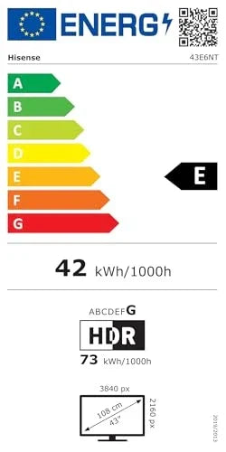 Hisense 43E6NT 108cm (43 Zoll) Fernseher, 4K UHD Smart TV, Precision Colour, HDR, Dolby Vision, 60Hz, Triple Tuner DVB-C/S/S2/T/T2, WiFi, HDMI 2.1,