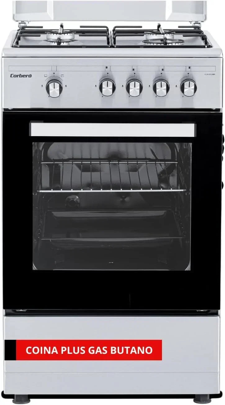 Corberó – Kitchen Plus | 50 cm | CCSF45020BW | 4 Burner Butane Gas | Oven 43L | Metal Lid | Double Glass Door | Tray and Grill Chrome | Automatic