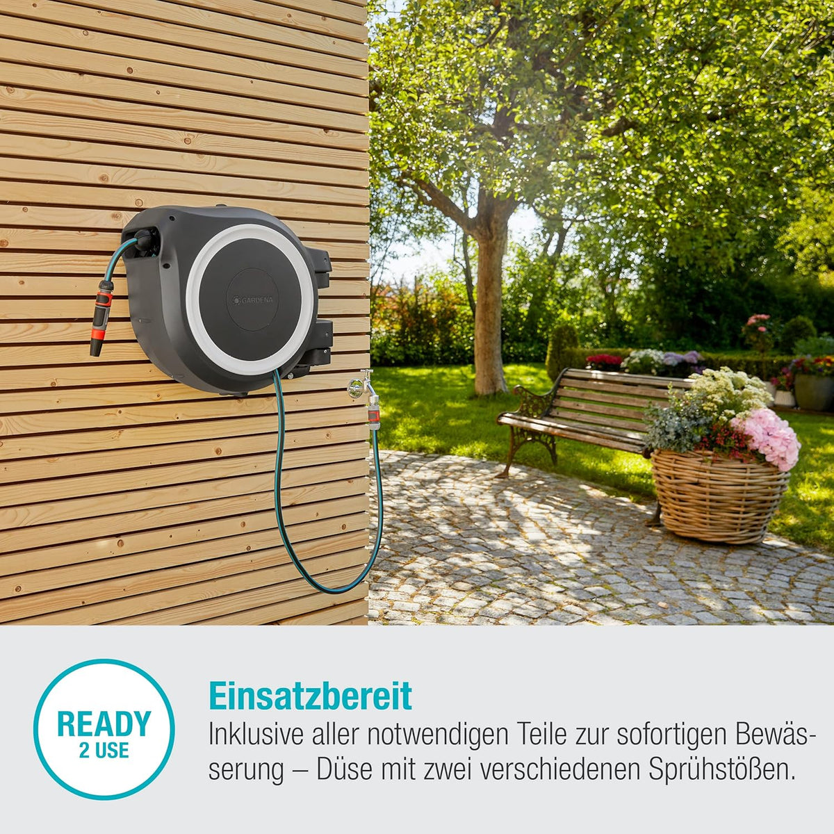 Gardena Wand-Schlauchbox RollUp M/L (weiß) 25 m: flexible Bewässerung für mittelgroße bis große Gärten, Schwenkbare Schlauchbox, inkl. 25 m Gardena