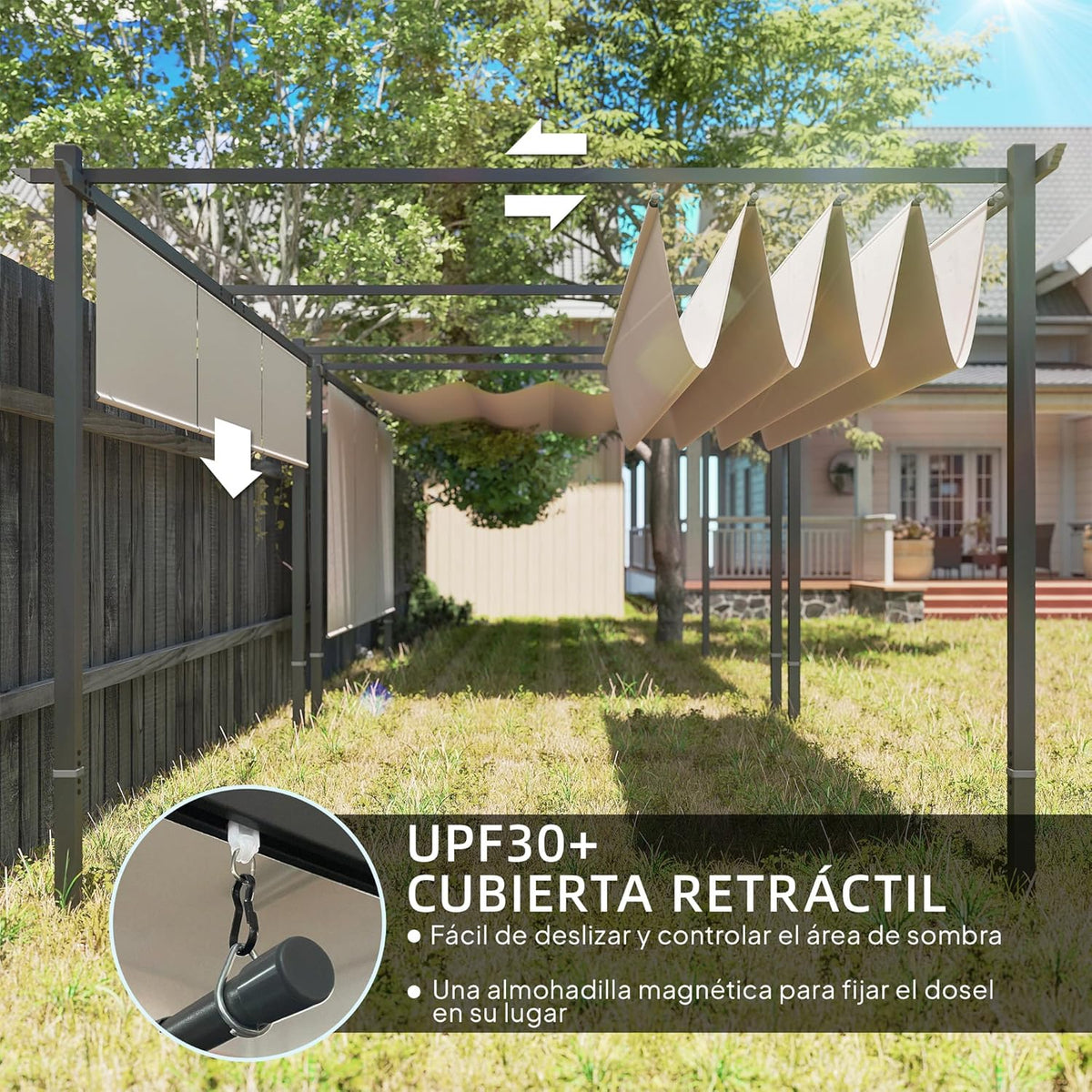 Outsunny Pérgola de Jardín 4x3 m con Techo Retráctil y 3 Laterales Enrollables, Cenador de Jardín Montado en Pared o Independiente, con UPF30+,