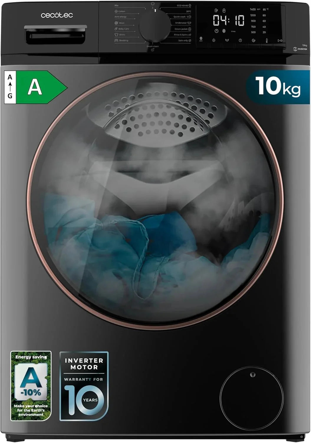 Cecotec Lavadora 10Kg Carga Frontal Bolero DressCode 10610 Inverter Steel A. 1400 RPM, Steam Max, Motor Inverter Plus, 15 Programas, OnSmart, Smooth
