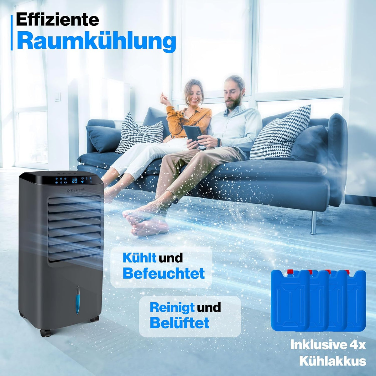 KESSER Mobile Klimaanlage 4in1 Luftkühler – Air Cooler mit Fernbedienung & Timer, 10L Wassertank, Ionisator & Luftbefeuchter, Ventilator Klimagerät
