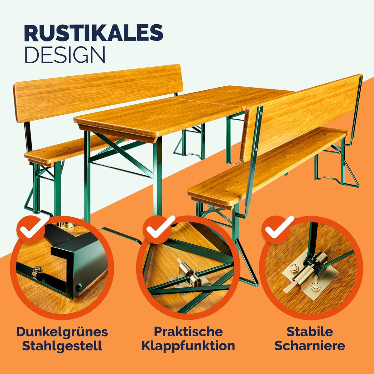 Casaria Bierzeltgarnitur mit Lehne 170 cm Klappbar Stabil 2X Bierbank 1x Breiter Tisch Holz Biertischgarnitur Festzeltgarnitur Biergartengarnitur