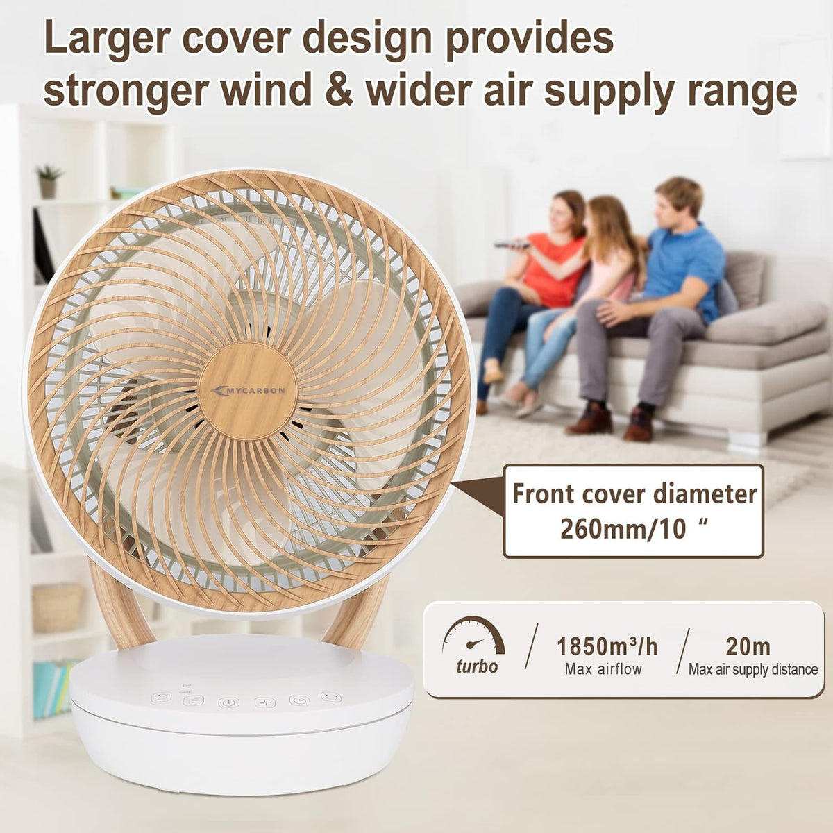 MYCARBON Ventilator sehr leise DC Motor 20dB 1850m³/h Luftmenge 8 Stufe ECO Modi Tischventilator 3D Luftumwälzer für 30m² Schlafzimmer Turbo