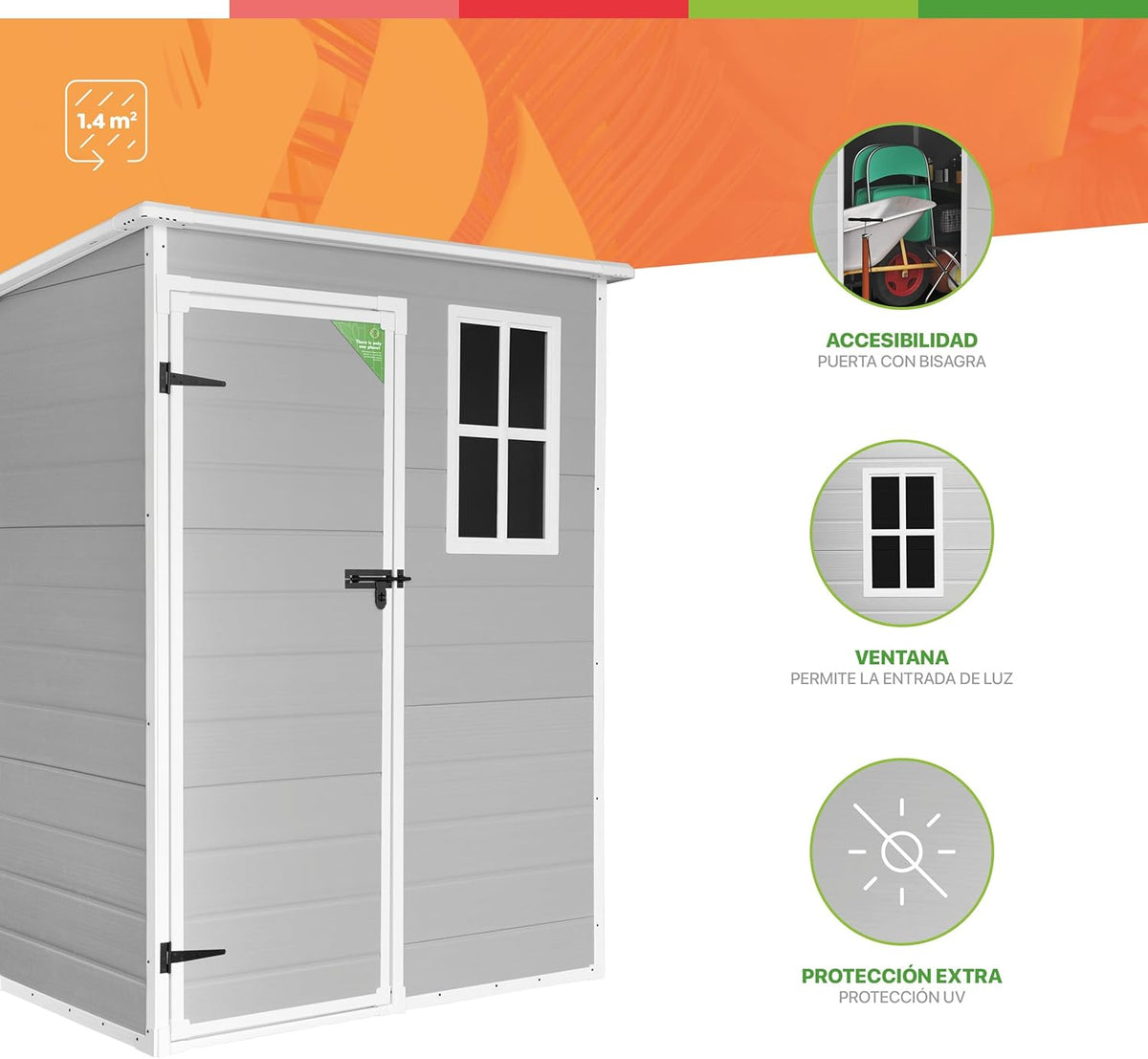 Wasabi - Caseta de Resina Jardín Unit 1.4 – Ventana Luz Natural - Suelo Incluido - Paneles 12mm de Espesor - Gris Blanco - Cobertizo PVC Almacenaje
