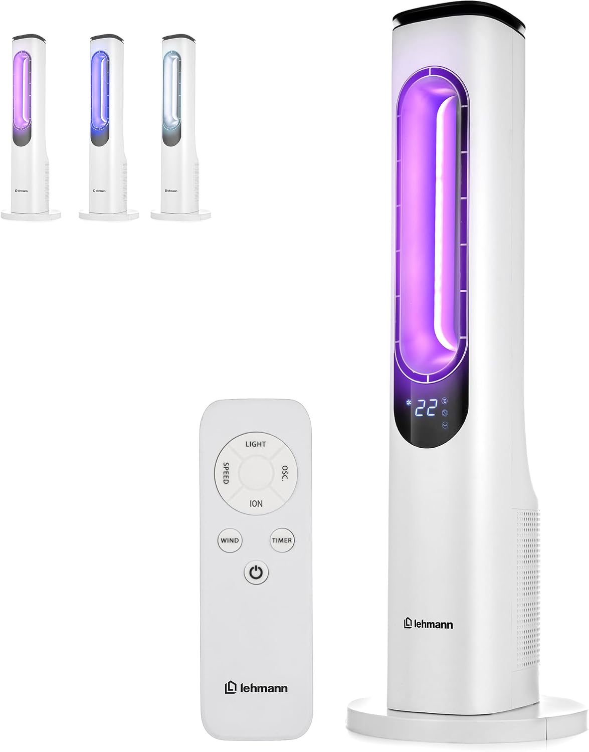 LEHMANN Turmventilator mit Fernbedienung & LED-Display, leiser Ventilator mit Schlafmodus, 15 h Timer, 3 Lichtfarben, 3 Modi, 3 Geschwindigkeiten,