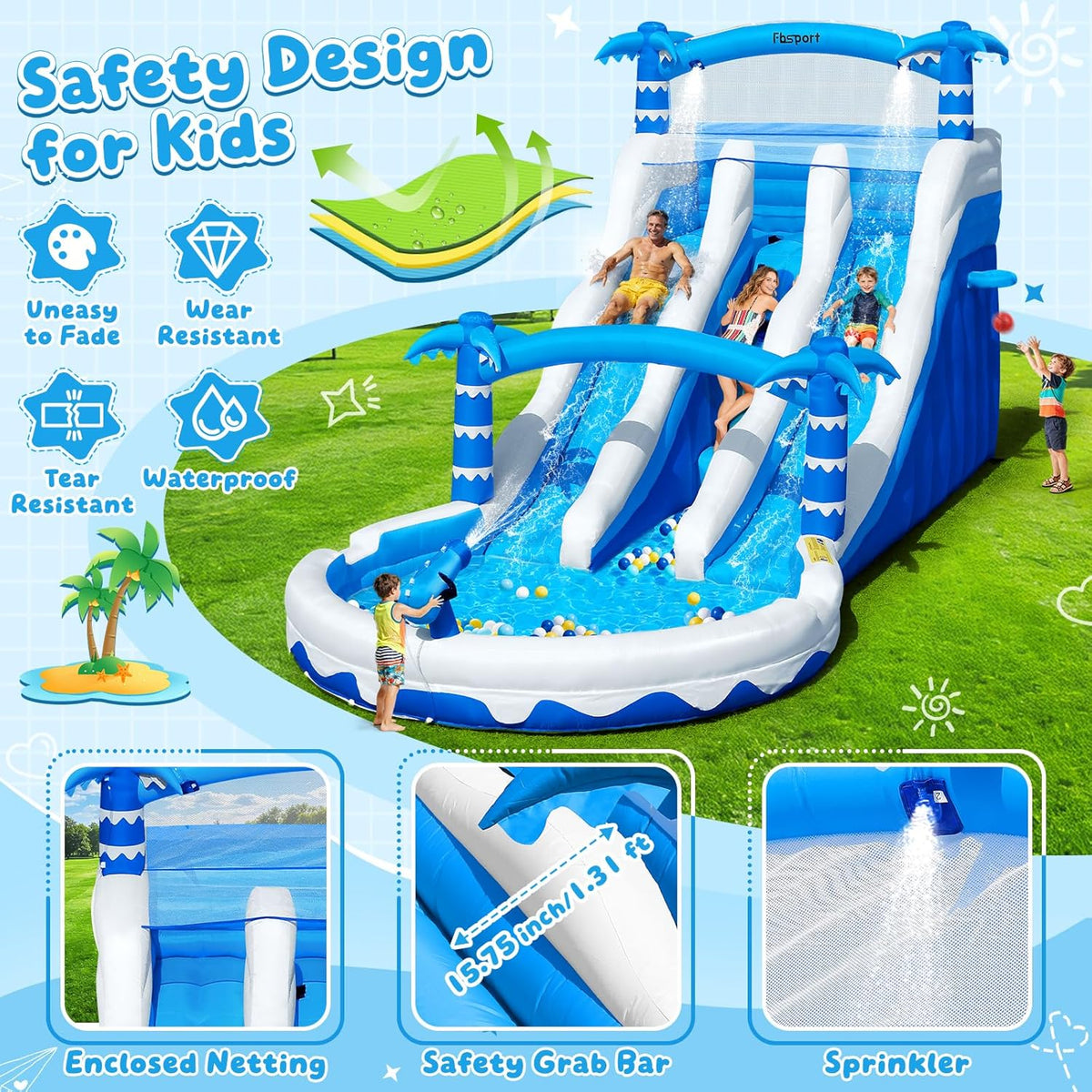 Hüpfburg XXL mit 2 Wasserrutsche für Gewerblichen Erwachsene & Kinder, Aufblasbare Bouncy Castle für Indoor Outdoor mit Gebläse Größe Pool Rutsche