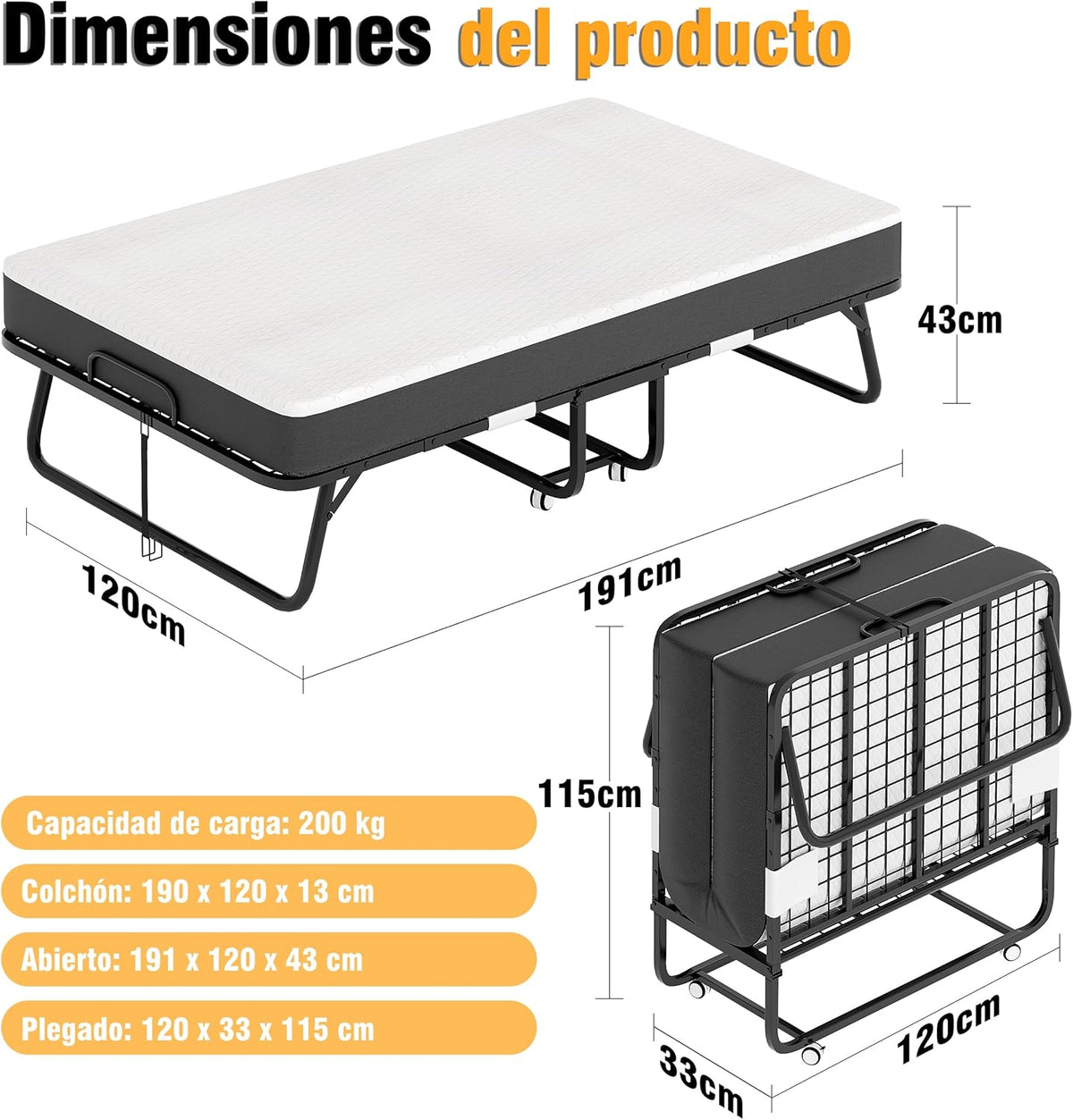 Cama Plegable de 120 cm con Colchón de 13cm (Viscoelástica), Somier Reforzado de Metal con 4 Ruedas y Funda Antipolvo, Cama Supletoria de Invitados