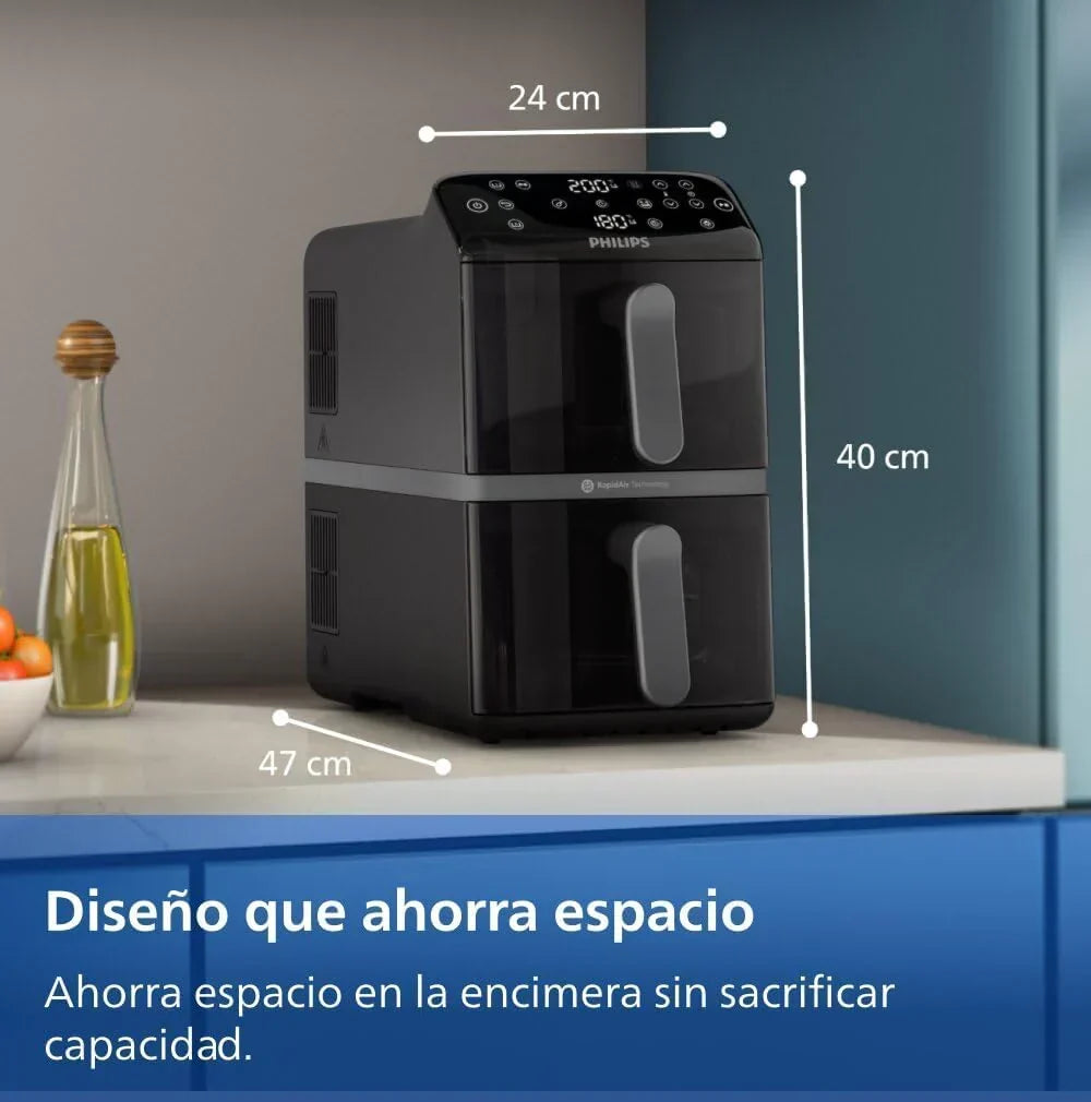 Philips Airfryer Series 4000 Double Vertical Basket 10L – RapidAir Technology, Sync, 2 Baskets at Once, 45% Less Space, PFAS Free Ceramic Coating,