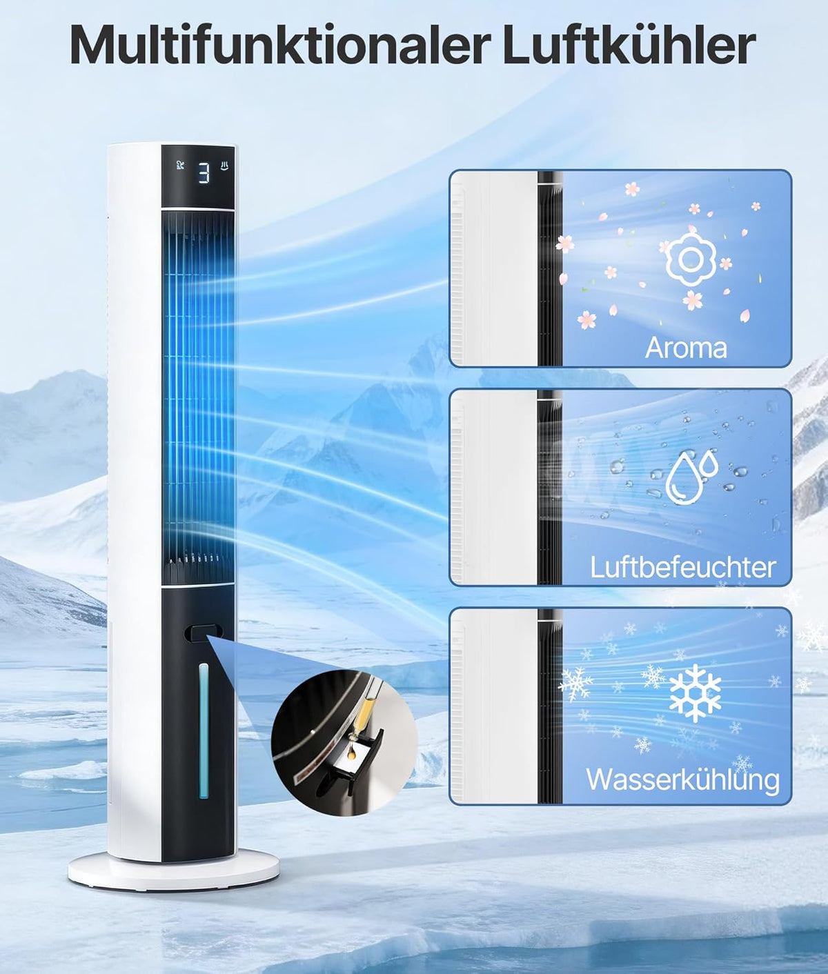 Turmventilator Luftkühler mit Wasserkühlung - Mobile Klimaanlage ohne Abluftschlauch, Ventilator mit Kühlung Leise, 3 Modi-12H Timer-Aroma-