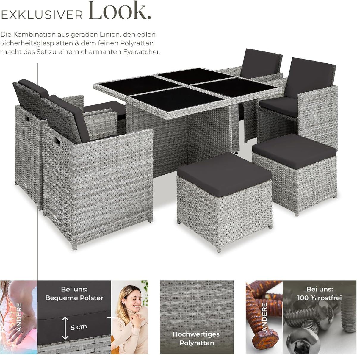 tectake Lounge Möbel Set 4X Stühle, 4X Hocker, 1x Tisch, platzsparende Cube Aufbewahrung, Outdoor Rattan Gartenmöbel für Balkon, Garten und Terrasse,
