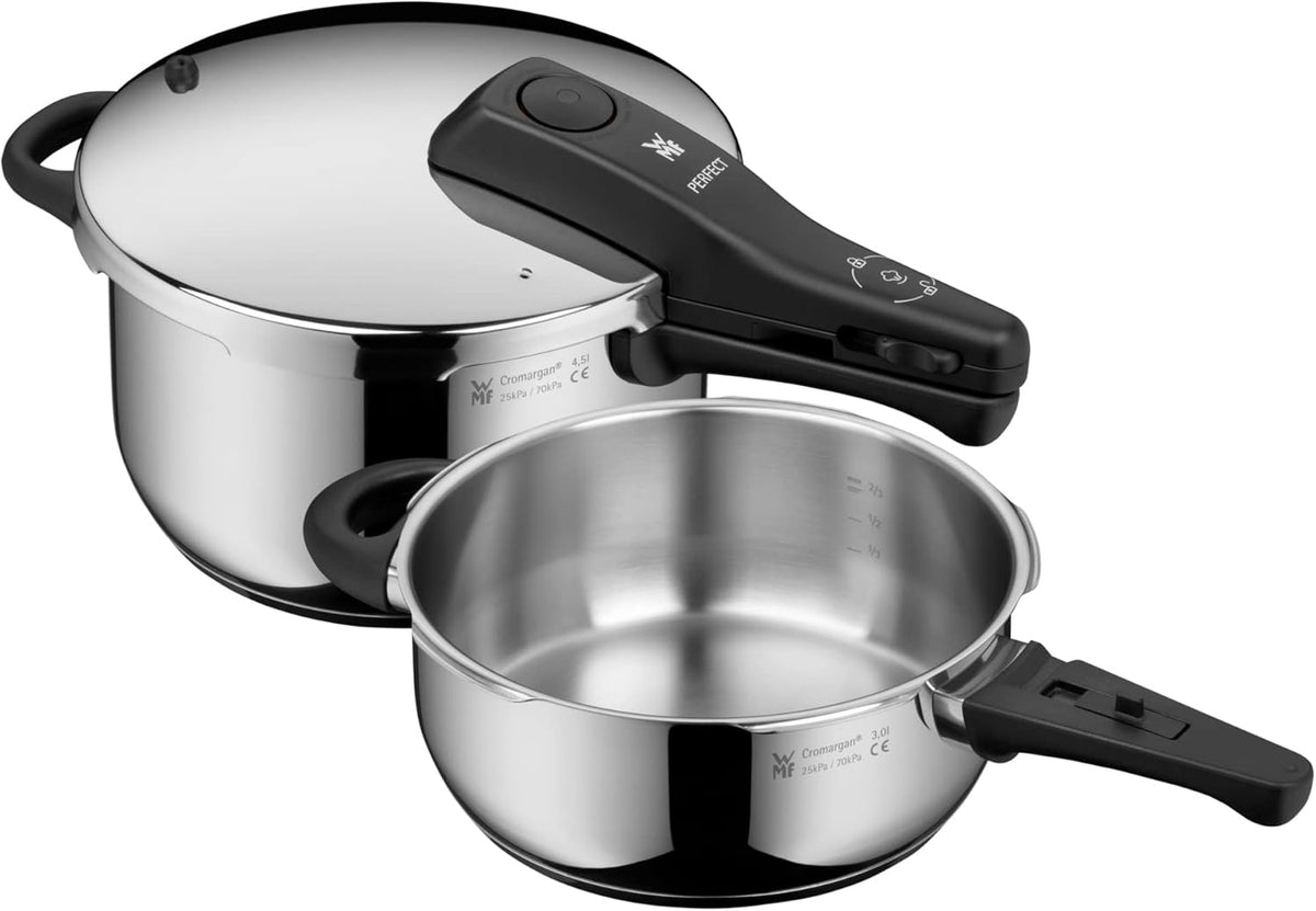 WMF Perfect One Pot Schnellkochtopf Induktion Set 2-teilig, Dampfkochtopf 4,5l, 3l, großes Kochsignal, 2 Kochstufen, abnehmbarer Deckelgriff, für alle