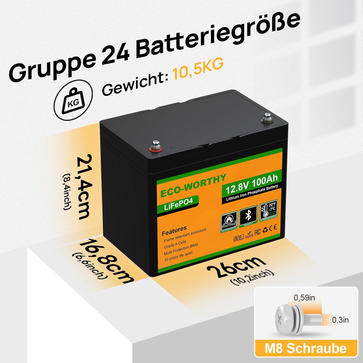 ECO-WORTHY LiFePO4 12V 100Ah Bluetooth mit 100A BMS Low Temperature Schutz und Max. 15000 Zyklens,1280Wh Lithium Batterie 12V 100Ah Autobatterie für
