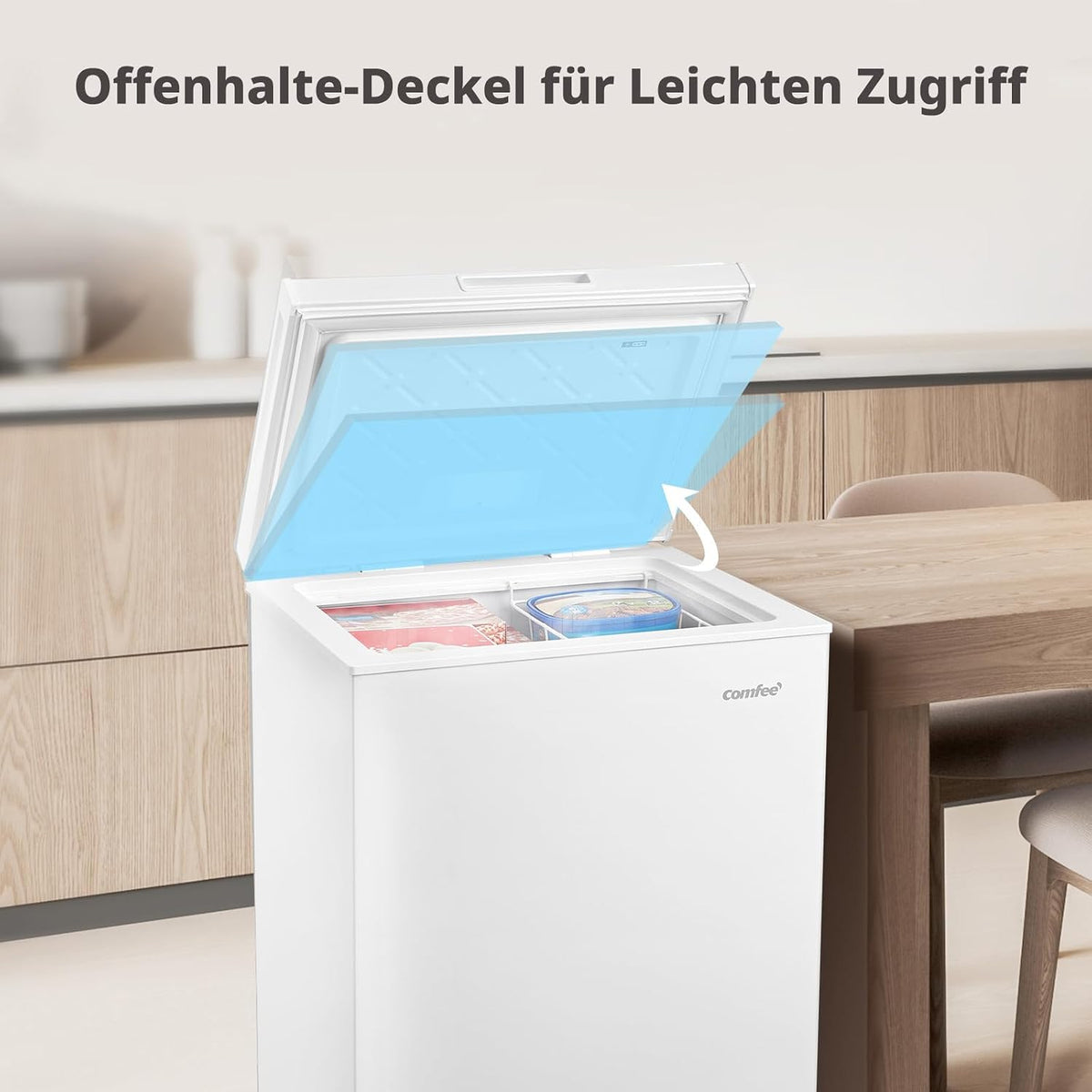 Comfee 198L Gefriertruhe, leise 37 dB, 4-Sterne-Gefrieren, Kühl-/Gefrier-Konvertierung (1–10°C / -24––12°C), 24‐h‐Schnellgefrierung 9kg,