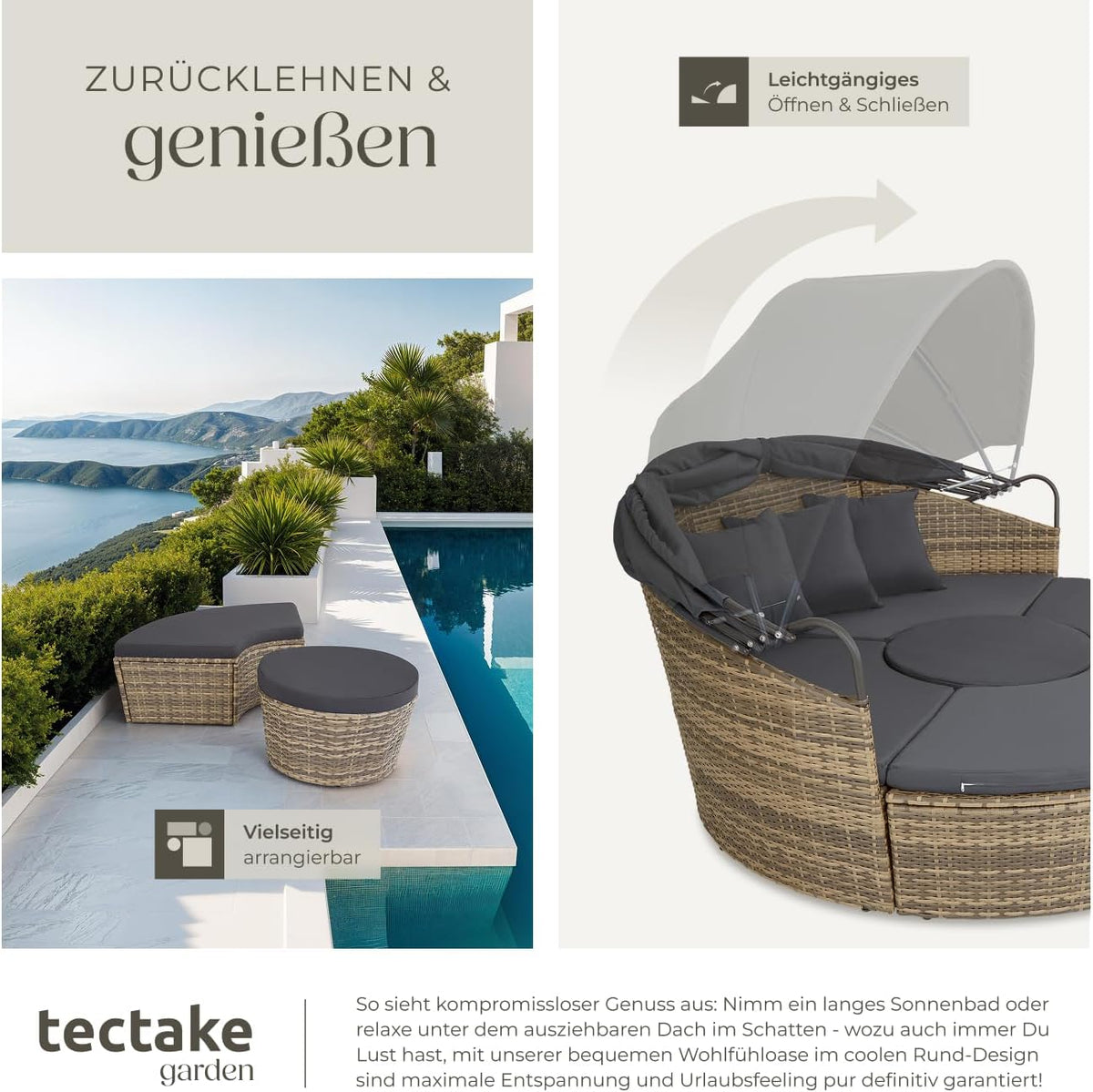 tectake Lounge Muschel Sonneninsel Outdoor wetterfest, Gartenmuschel, Sonnenliege 2 Personen und mehr, multifunktionales Terrasse oder Balkon Möbel,