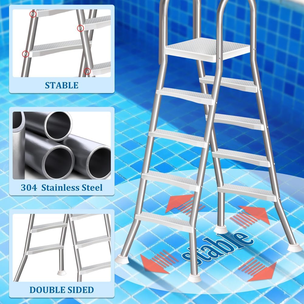 4 Stufige Poolleiter Edelstahl, Pooltreppe für Aufstellpool, Poolleiter 132 cm Poolhöhe, Pool Treppe, Poolstufen für Aufstellpools, Schwimmbadleiter