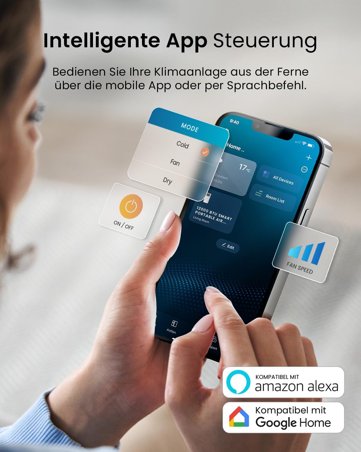 Pro Breeze 12000 BTU Mobile Klimaanlage (Räume bis 50m2) – Klimaanlage mobil mit App-Steuerung, Timer & LED-Display – inkl. Fensterabdichtung &