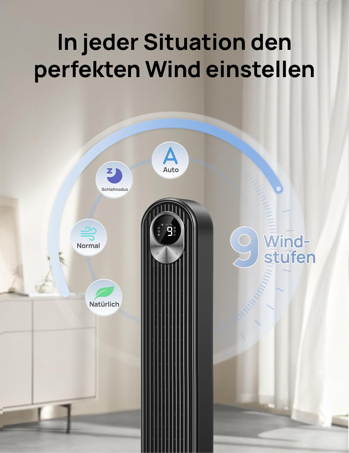 DREO DC Motor Turmventilator Leiser, 11M Windentfernung Ventilator mit Kühlung Fernbedienung, 9 Stufen 4 Modi, 90° Oszillierender Stand Ventilatoren