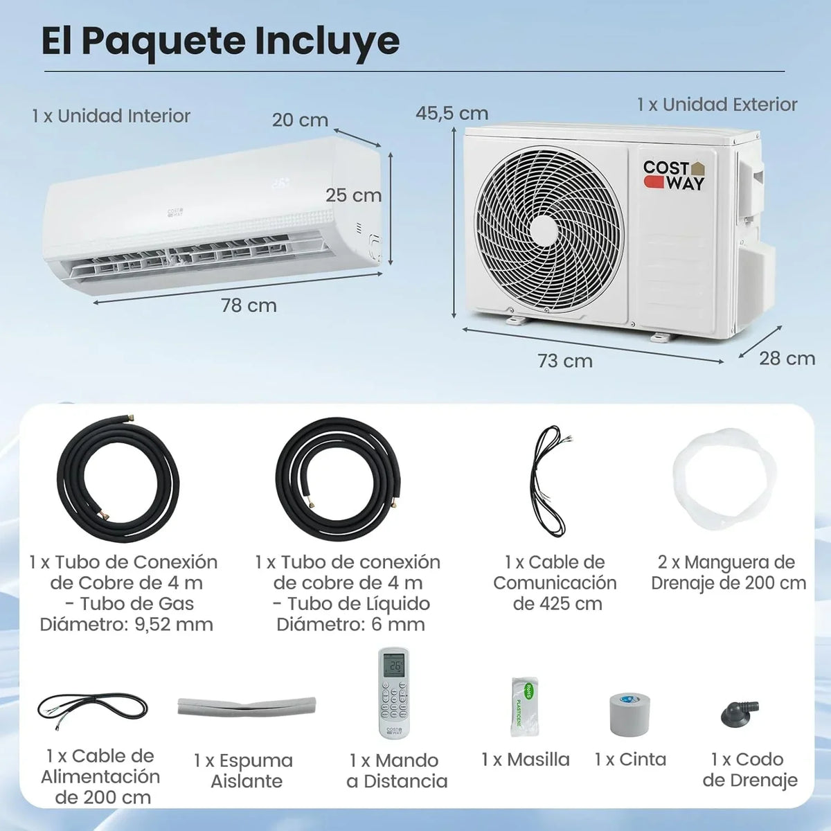 COSTWAY Aire Acondicionado Split, 2,6 kW, Aire Acondicionado con Calefacción con Bomba de Calor,Refrigerante: R32, Calefactor y Refrigerador con Kit