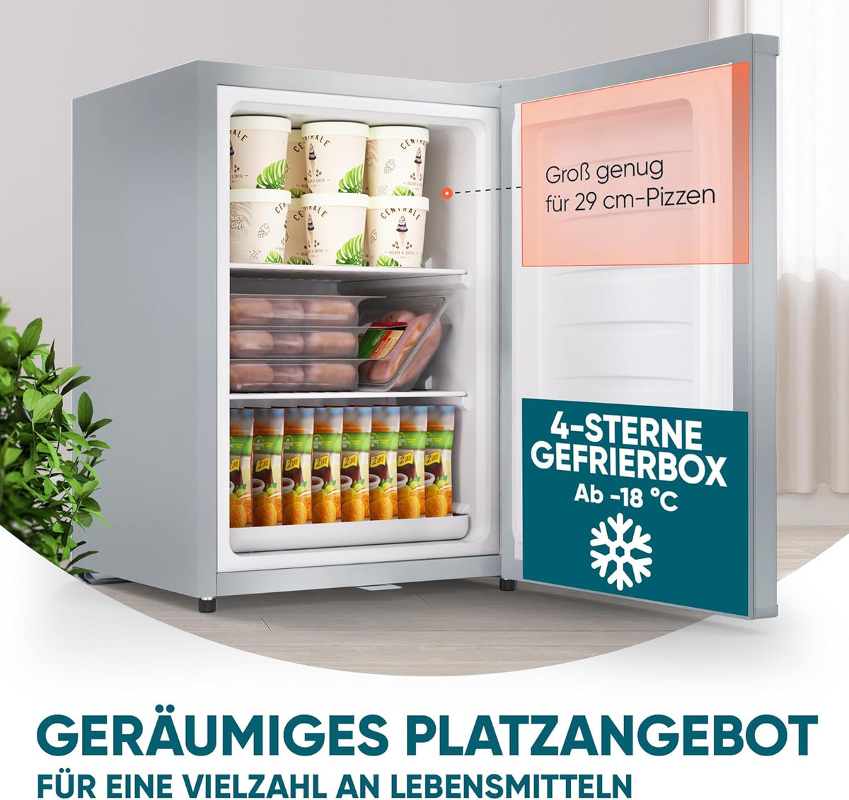 Stillstern Mini Gefrierschrank (42L) -18°C, Eiswürfelschale, Schloss, Türanschlag wechselbar, 4-Sterne Tiefkühlschrank für Camping/Büro Gefriertruhe