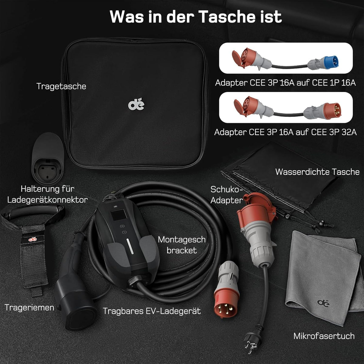 dé Mobile Wallbox/Ladestation 11kW [3-phasig|7m|6-16A] mit Traveller Adapter Set, Ladekabel CEE 16A auf Typ 2 und EV Ladegerät für Model Y/3, ID.3/4/5