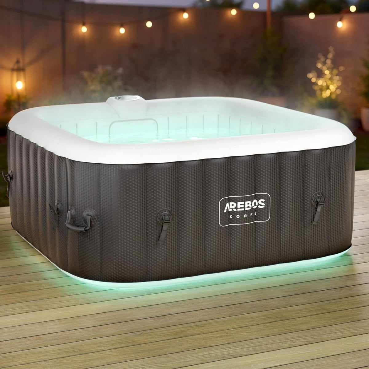 Arebos Whirlpool | 154 x 154 cm | mit LED-Beleuchtung | aufblasbar | quadratisch | In- & Outdoor | 4 Personen | 100 Massagedüsen | mit Heizung | 600 L