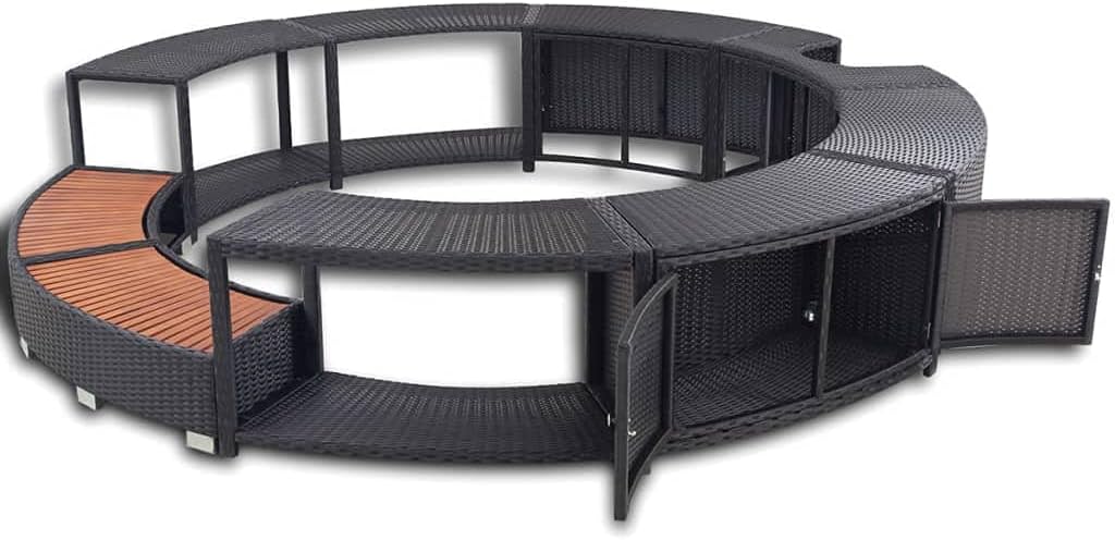 Hommdiy Umrandung mit Stauraum für Whirlpool Spa Schwimmbecken Poolumrandung Poly Rattan Schwarz Hartholz Rund Pulverbeschichteter Stahl Schwarz