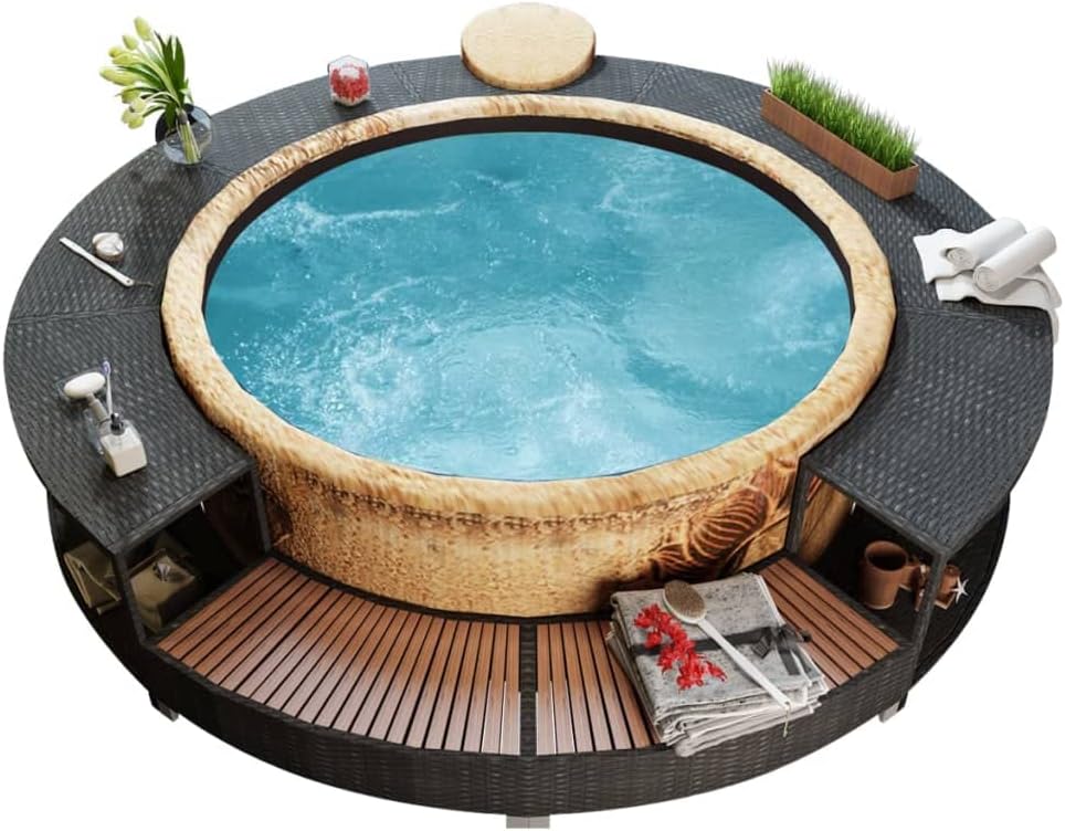 Hommdiy Umrandung mit Stauraum für Whirlpool Spa Schwimmbecken Poolumrandung Poly Rattan Schwarz Hartholz Rund Pulverbeschichteter Stahl Schwarz